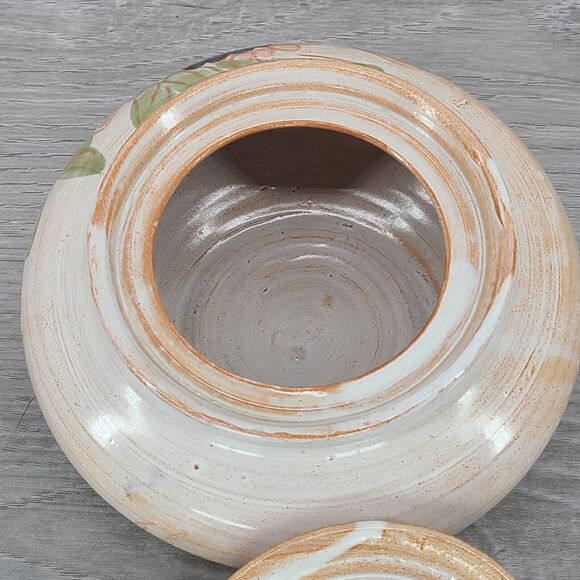 Signed Hobbyist Ceramic Stoneware Round Lidded Pottery Lidded Dish Floral - Picture 7 of 10
